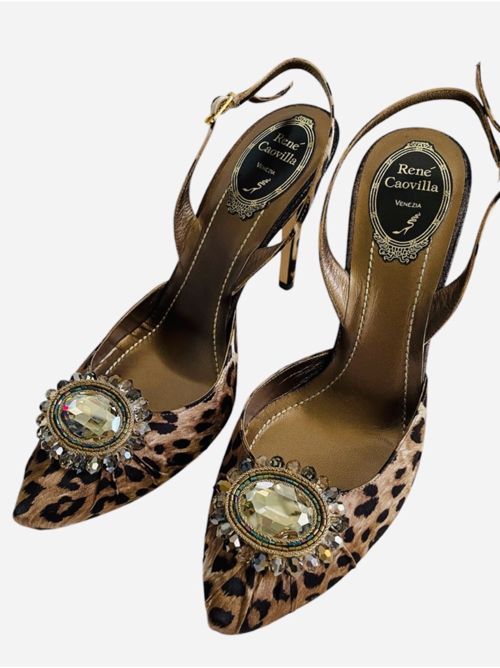 Rene Caovilla Leopard-Print Crystal Embellished Slingback Pump Size 38 1/2